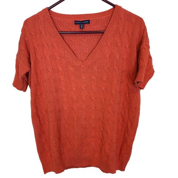 Ralph Lauren Womens XS Orange Short Sleeve Crew Neck Cable Knit Silk Sweater - Picture 1 of 7